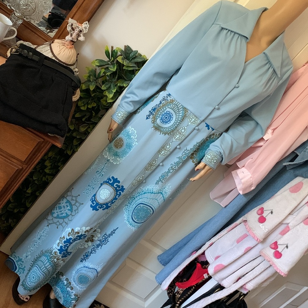 Alfred Shaheen vintage 70s blue maxi dress L - Picture 5 of 13